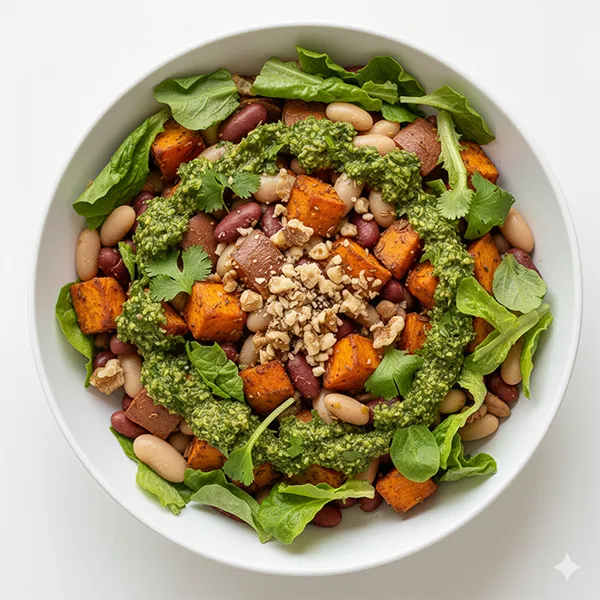 Three beans Salad with tomato cumin roasted sweet potato and kaffir lime pesto